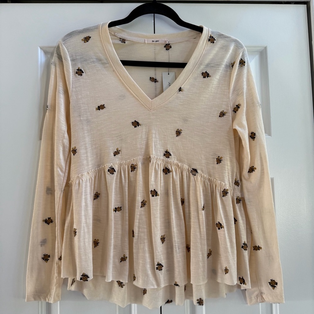 Francesca’s Ivory Floral Long Sleeve Peplum Blouse